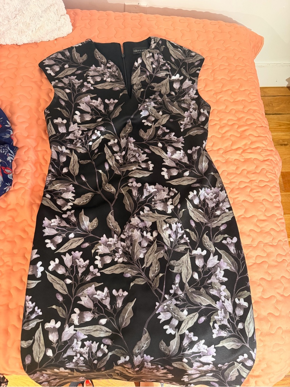 French Connection Black Floral Midi Dress with Soft Lavender Blooms
